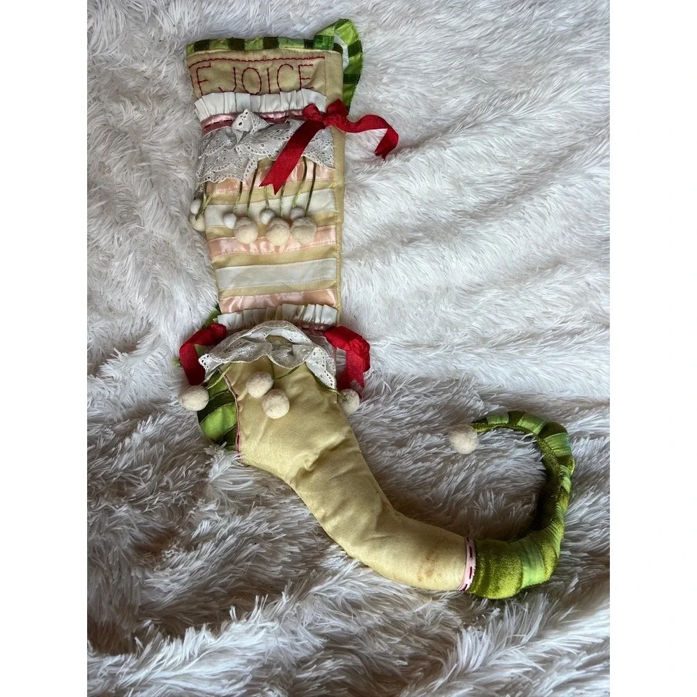 Dept 56 Christmas Stocking Big Vintage Rejoice Elf Curled Toe Lace Jester Shabby